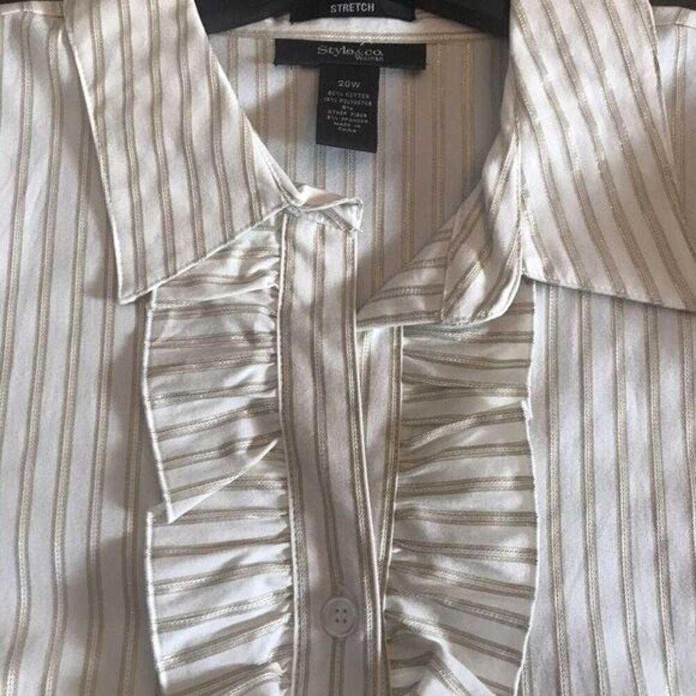 Style & Co Lady's Western White Ruffle Shirt Shimmering Gold Stripes Size 20W‎